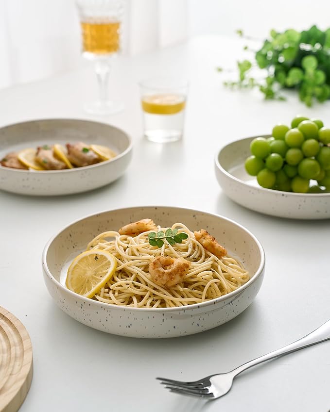 famiware Milkyway 33 oz Bowl Set, Pasta Bowls Set of 6, Salad Bowls, Double Reactive Glaze, Sturdy & Stackable, Ideal for Housewarming, Festivals, Creamy White with Speckles