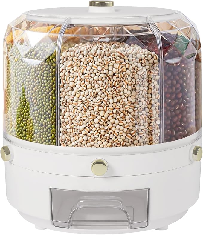 Rice Dispenser 6 Grids Dry Food Storage Containers 360° Rotating Cereal Dispenser for Kitchen Pantry Organization, Storage Bucket for Small Grains, Beans, Rice (6 Grids - A02)