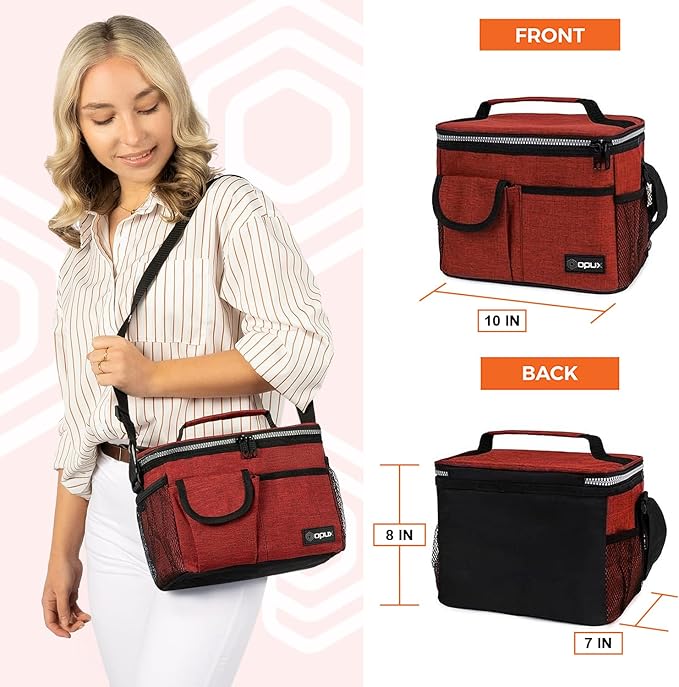 opux Insulated Lunch Box for Men Women Kids, Leakproof Reusable Lunch Bag Cooler for Work School Office, Soft Thermal Lunchbox Tote with Shoulder Strap for Boys Girls Adults, Heather Red, 14 Can/8L