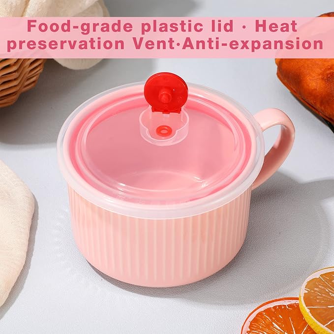 Nuenen 2 Pcs Soup Bowls with Lids and Handles 30 oz Microwave Safe Ceramic Soup Mug Microwavable Ramen Containers with Lids Large Colorful Cups for Noodle Cereal kitchen(Pink, Yellow)