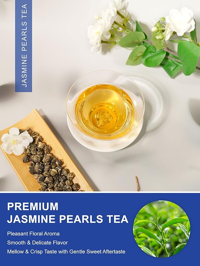 TeeLux Jasmine Pearls Green Tea, Handrolled Green Tea Loose Leaf with Delightful Aroma, Natural Jasmine Pearl Tea, 4 Ounce