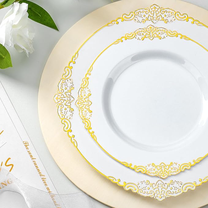 Bestluck 700PCS Gold Plastic Plates for 100 Guests, Disposable Dinnerware Sets Include 200 Gold Rim Plastic Plates, 100 Silverwares, 100 Cups, and 100 Pre Rolled Napkins for Party, Wedding, Graduation