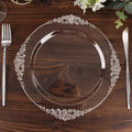 Efavormart 10 Pack | 10" Clear and Silver Baroque Dinner Plates, Leaf Embossed Metallic Rim Shatterproof Serving Plates for Anniversary Celebrations