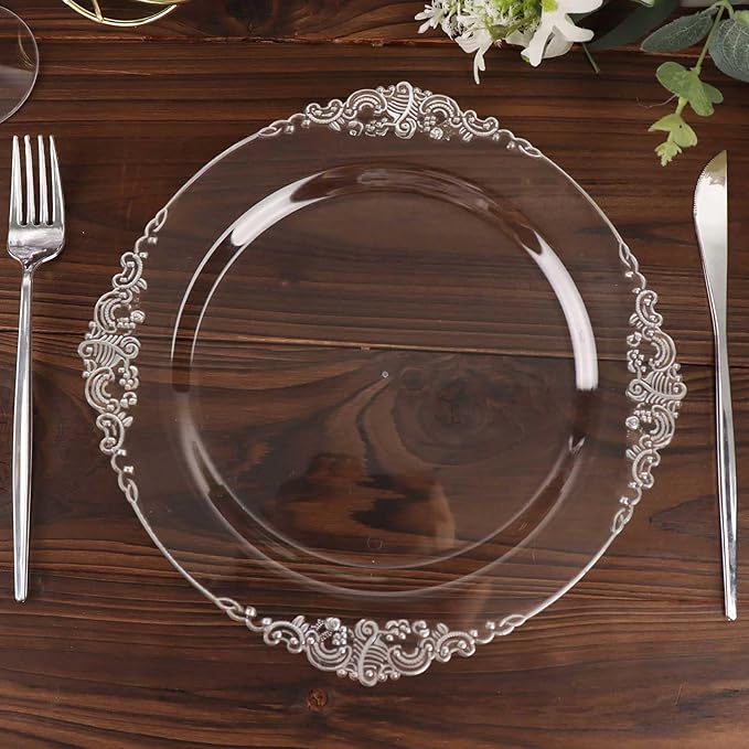 Efavormart 10 Pack | 10" Clear and Silver Baroque Dinner Plates, Leaf Embossed Metallic Rim Shatterproof Serving Plates for Anniversary Celebrations