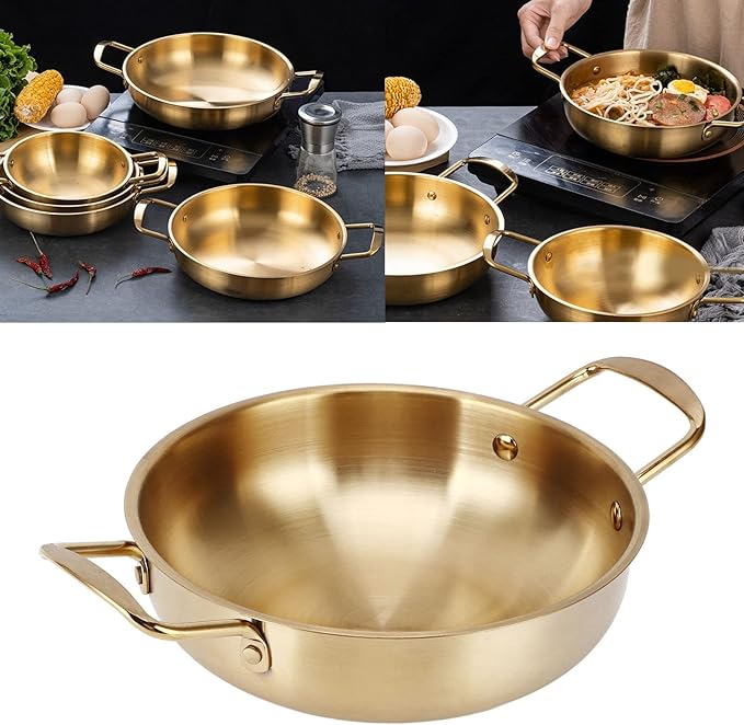 Korean Ramen Noodle Pot, Stainless Steel Golden Ramen Cooker with Handles, Portable Kitchen Cooking Pot for Kitchen Outdoor Cooking (18CM)
