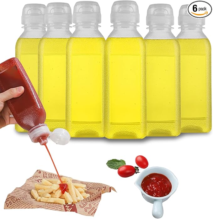 Condiment Squeeze Bottles for Sauces 10oz With Flip Top, Hot Sauce Bottles With Caps For Oil, Camping Condiment Containers BBQ Sauce, Oil Bottles- 6 pcs, 10oz