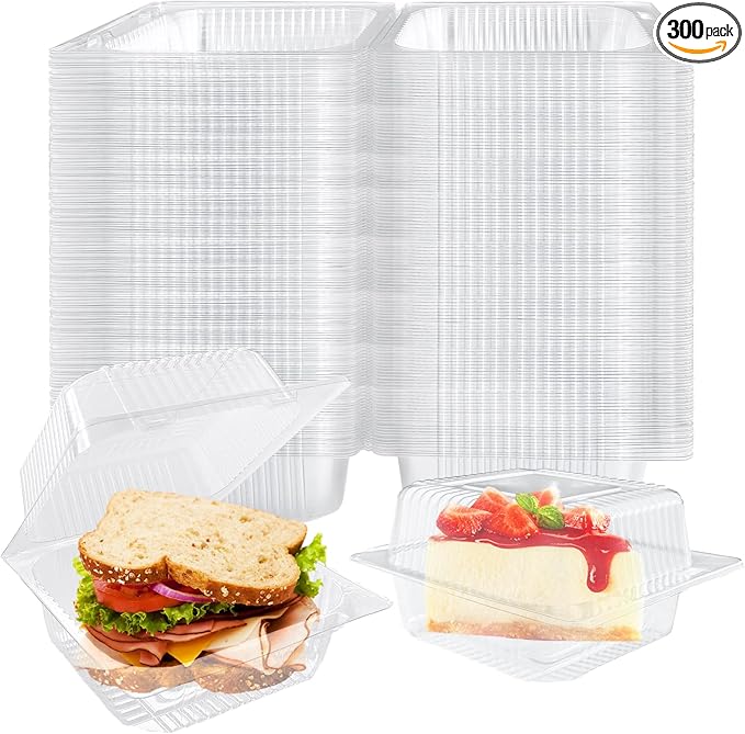 Jizvxe 300 Pcs Clear Plastic Take out Containers,Square Hinged Takeout Tray,Disposable Fancy Clamshell Food Boxes with Lids for Cakes,Dessert,Salads,Sandwiches,Cookies,Pasta,5.3x4.7x2.8 Inch