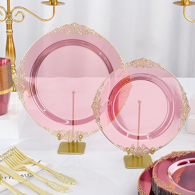 Bestluck 350 PCS Burgundy and Gold Plastic Plates, Disposable Dinnerware Set for 50 Guests, 100 Disposable Plates, 150 Silverwares, 50 Cups, 50 Napkins for Wedding, Party, Graduation