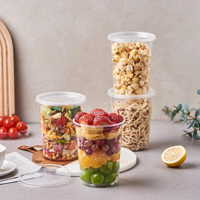 FULING 150 Sets - 32 oz. Plastic Deli Food Storage Soup Togo Containers With Airtight Lids Clear Disposable Takeout Quart Container