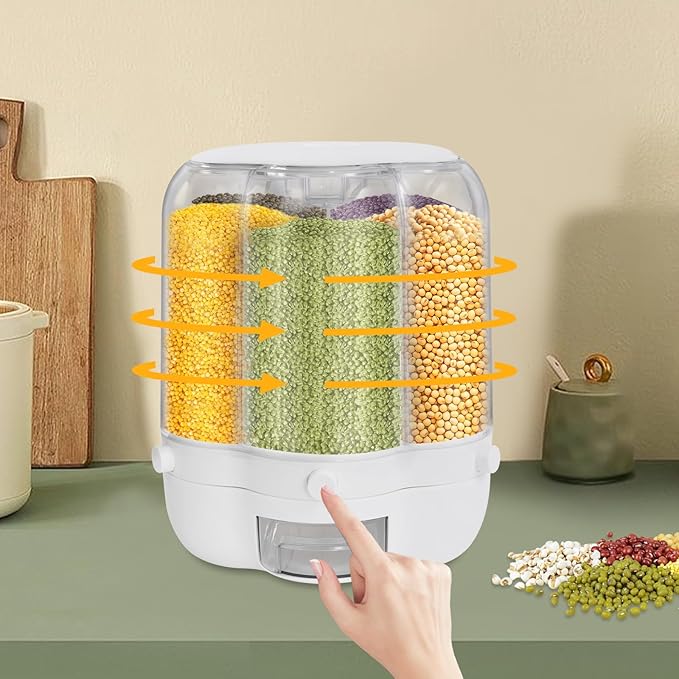 Grain Storage Container Dispenser, 6 Grids rice dispenser rotating, 360° rotating food dispenser One-Click Output rice Storage Round Grain Dispenser Kitchen (White Large 1.53kg)