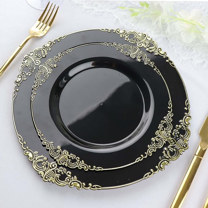 Efavormart 10 Pack | 8" Black and Gold Baroque Dessert Plates, Leaf Embossed Metallic Rim Heavy Duty Appetizer Plates for Modern Moody Socials