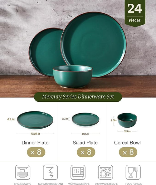 Famiware Mercury 24 Pieces Dinnerware Sets, Plates and Bowls Sets for 8, Microwave and Dishwasher Safe Dish Set, Dark Green
