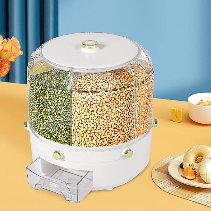 Grain Storage Container Dispenser, 6 Grids rice dispenser rotating, 360° rotating food dispenser One-Click Output rice Storage Round Grain Dispenser Kitchen (White Gold Plated 1.1kg)