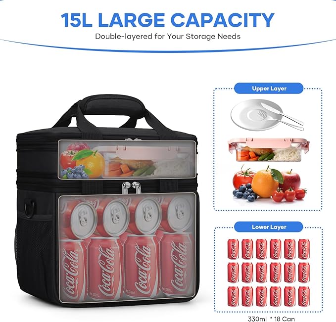 RealCool Lunch Bag, Insulated Lunch Box for Men Women, Double Deck Leakproof Soft Cooler Bag with Adjustable Strap, Reusable Lunchbox for Work, Travel, Camping (Black)