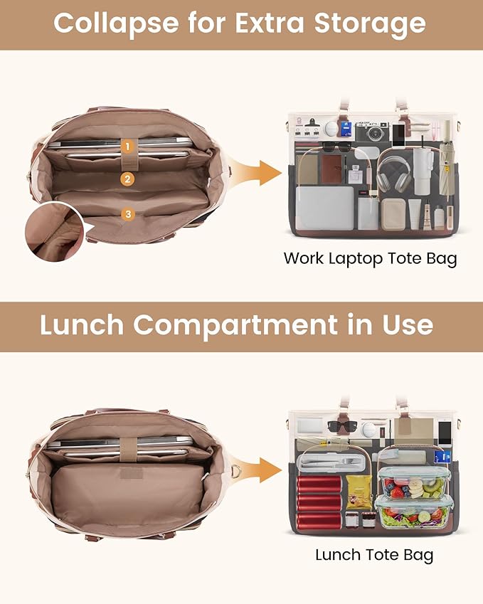 LOVEVOOK Lunch Tote Bag for Women, 2-in-1 Work Bag with Insulated Lunch Compartment, 15.6 Inch Large Capacity Laptop Tote with Cup Holder for Teacher, Nurse, Office, Outdoors, Green