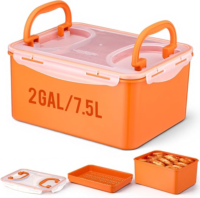 LemonRoad 2 Gal/7.5 L Kimchi Sauerkraut Fermenting Container with Airtight Lids & Press Plate, Food Grade Fermentation, Storage Box with Sealed Lids for Pickles and Vegetables(Orange)