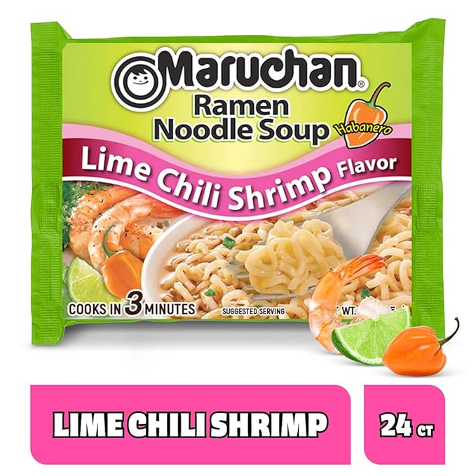 Maruchan Ramen Noodle Soup, Lime Chili Shrimp Flavor – Japanese-Style Instant Noodles, Quick & Easy Meal for Students & Busy Families – 3 Oz. (24 Pack)