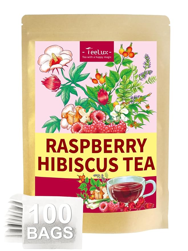 TeeLux Raspberry Hibiscus Tea Bags, Tart Hibiscus with Sweet Licorice & Refreshing Lemongrass, Tart & Sweet Flavor, Caffeine Free, 100 Count