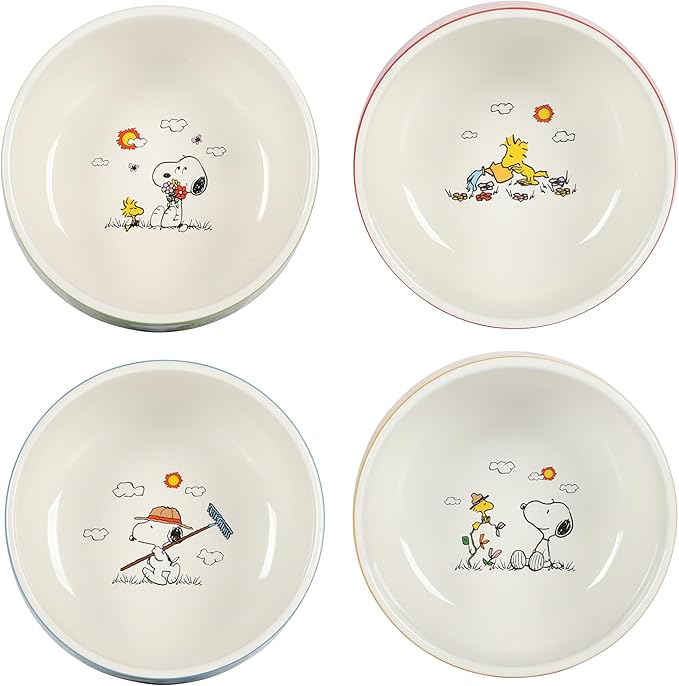Peanuts Snoopy 5.5-Inch Decorated Stoneware Bowls, Stackable 4-Pack Bowl Set for Cereal, Snacks, or Dessert, Dishwasher & Microwave Safe