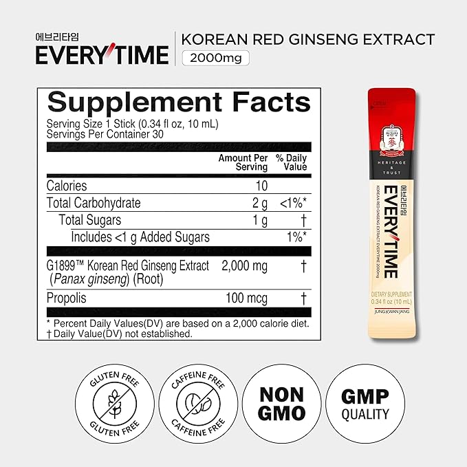 JUNG KWAN JANG Everytime Korean Red Ginseng Extract 2,000mg - Vegan Energy Drink Liquid Stick Supplements with Propolis - No Caffeine, No Gluten, Non-GMO 0.34 fl oz, 10EA (Pack of 6)
