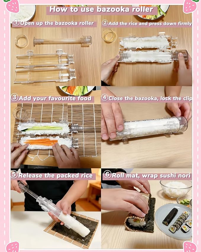 Sushi Making Kit Set – Clear Sushi Bazooka, Musubi Press Mold, Onigiri Rice Mold & Bamboo Sushi Rolling Mat – Easy Homemade Sushi Tools for Beginners & Sushi Lovers