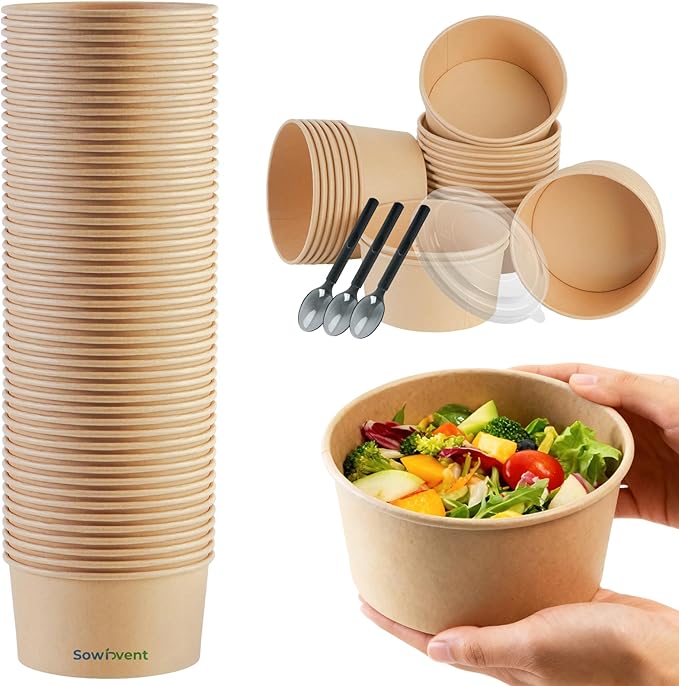34 oz Disposable Kraft Paper Bowls with Lids and Sporks, 48 Sets Leak-Proof Meal Prep Containers for Hot & Cold Food, Soup, Salad, Snacks, Ice Cream, Desserts, Food Bowls