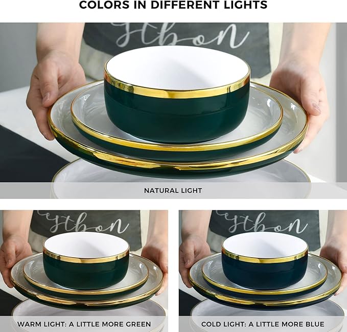 Pokini Porcelain Dinnerware Sets, 12 Piece Luxury China Plates and Bowls Sets, Green Dishes Set Gold Rim for Wedding Anniversary Birthday, Modern Dinner Plates Set