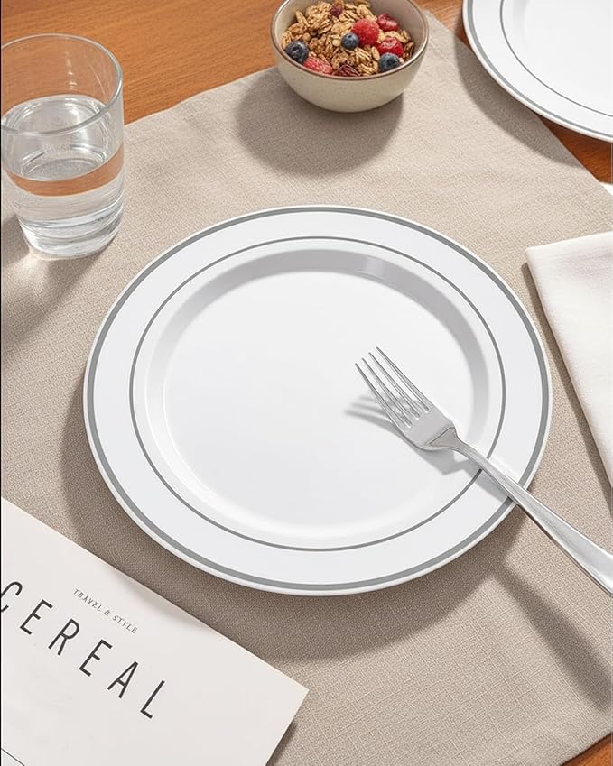 bUCLA 100Pieces Silver Plastic Plates - 10.25inch Silver Rim Disposable Dinner Plates - Ideal for Weddings, Parties