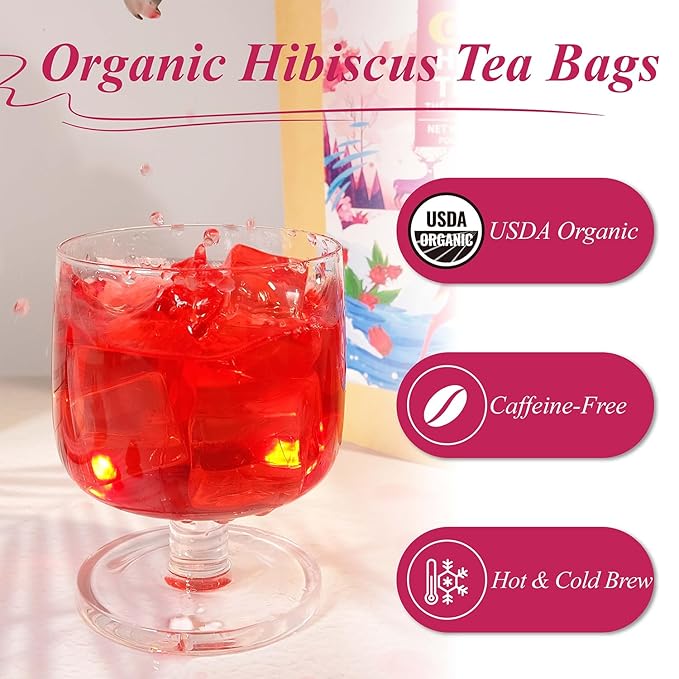 WT WEETEE Organic Hibiscus Tea Bags 100 Count, Caffeine-Free Herbal Tea for Hot & Cold Brew, 100% Pure Hibiscus Flowers, Balanced Tartness, Refreshing Iced Tea