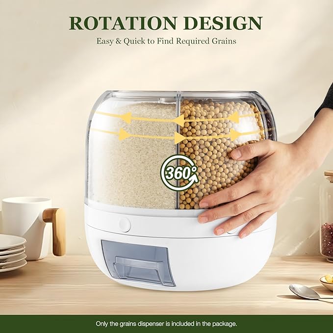 360° Rotating Grain Storage Container – Large Rice Dispenser with One-Click Output, Multi-Compartment Kitchen Organizer for Small Grains, Beans, Flour (Airtight & Stackable)