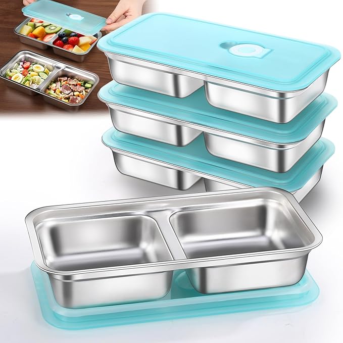 4 Pack Stainless Steel Snack Containers Reusable, Grab and Go 2 Compartment Food Storage Meal Prep Containers with Lids Stackable for Travel Camping School Lunch, Gifts for Gym Home Cooks (4, Blue)