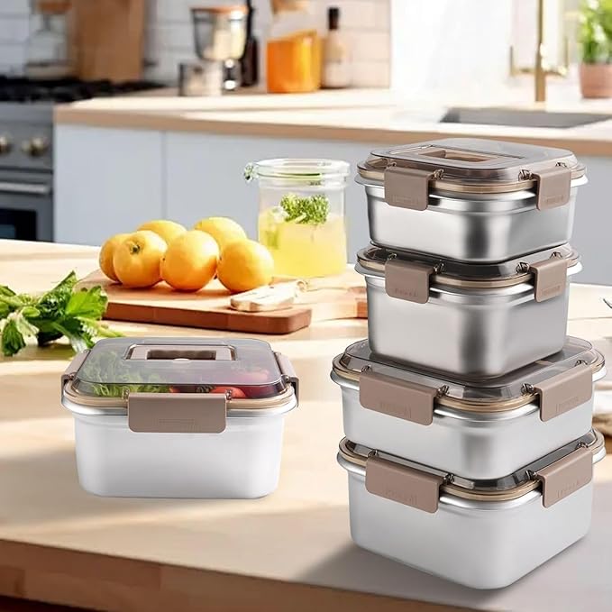 Thickened 304 Stainless Steel Food Storage Containers - Multi-Size, Portable Sealed Lid, Leakproof & Stackable, Microwave/Freezer Safe for Kitchen/Outdoor Use (2200+3800ML)