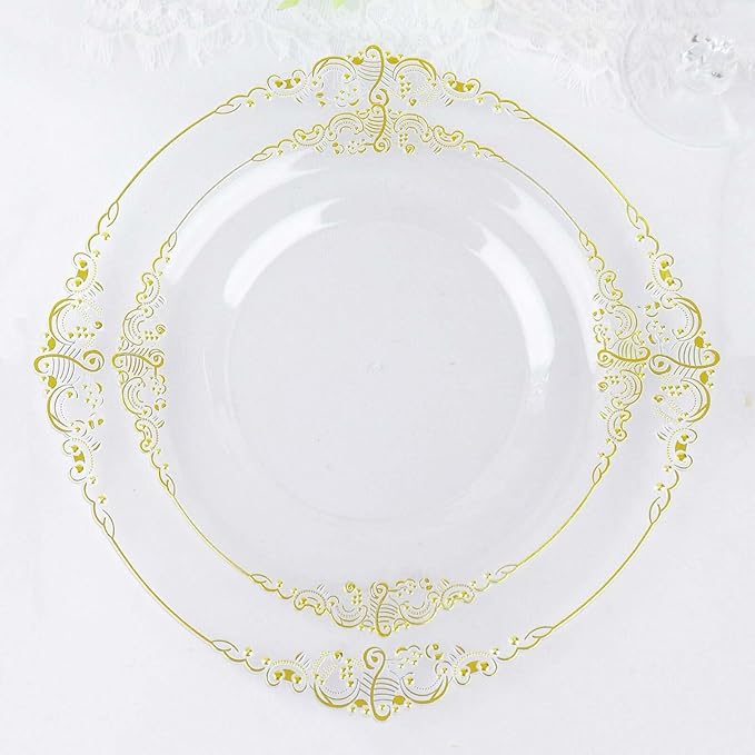 Efavormart 10 Pack | 8" Clear and Gold Baroque Dessert Plates, Leaf Embossed Metallic Rim Shatterproof Appetizer Plates for Boutique Receptions