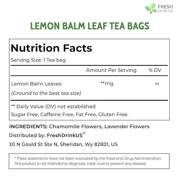 FreshDrinkUS, Lemon Balm Tea Bags | 40 Count |100% Pure Melissa officinalis – Naturally Herbal Tea | Caffeine-Free, Premium Quality, Refreshing Flavor, Sustainably Sourced