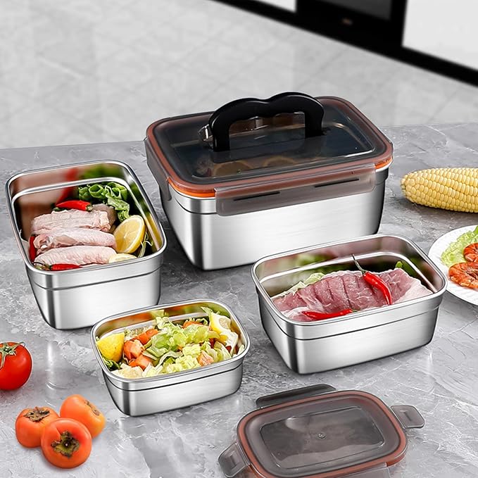 4 Pack Food Storage Containers with Lids, Stainless Steel Fridge Storage Containers Airtight Leak-Proof Metal Storage Containers for Food Leftover Storage at Home or for Camping Trip Road Trip