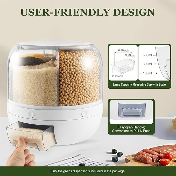 6in1 Rotating Dry Food Bucket Grain Rice Container Cereal Dispenser Storage Box