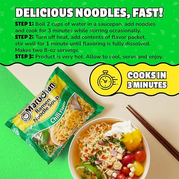 Maruchan Ramen Noodle Soup, Chili Flavor – Japanese-Style Instant Noodles, Quick & Easy Meal for Kids, Students & Busy Families – 3 Oz. (24 Pack)