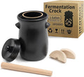 Fermentation Crock 3.8Liter/1 Gallon Stoneware Pot for Fermenting, Pickling Kimchi, Pickles, Vegetables, Kombucha - Glazed Fermenter with Stone Weights, Lid & Pickle Tamper-Black Crock