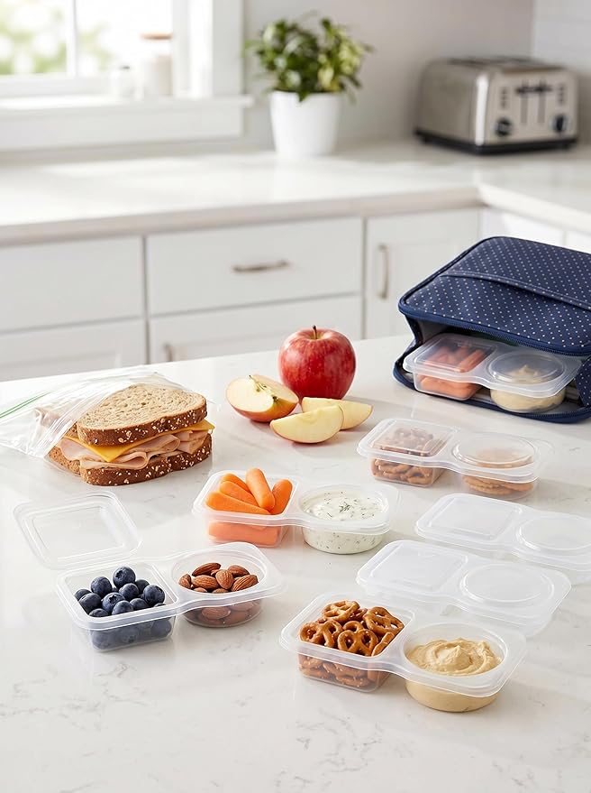 20-Pack 2 Compartment Snack Containers with Secure-Fit Lids, Reusable BPA-Free Snack Prep Boxes, Portion Control Food Storage Containers for Lunch, Meal Prep, Office, Picnic & Travel (20)