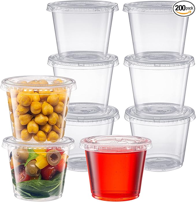 Pantry Value 5.5 oz Jello Shot Cups with Lids [200 Count] Clear Disposable Plastic Portion Containers for Snacks, Sides, Meal Prep & Sauces - Durable, Stackable, Leak-Resistant