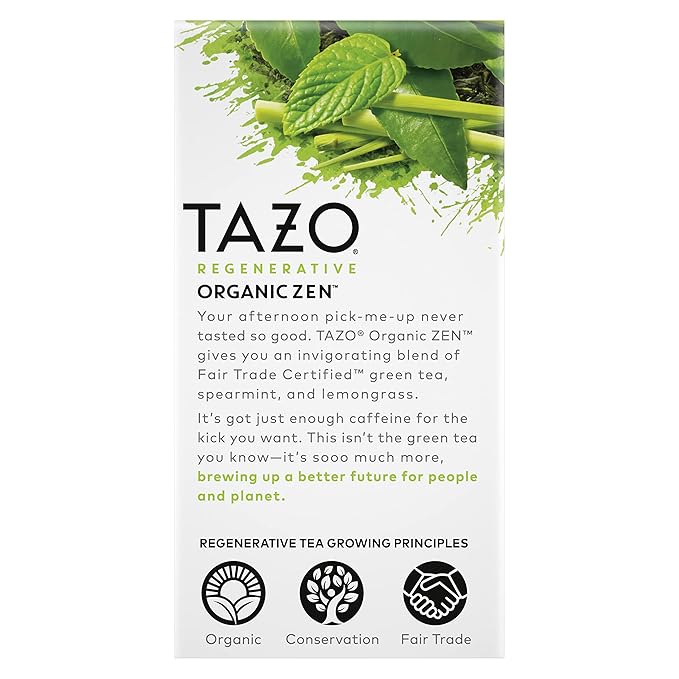 TAZO Organic Zen Green Tea Bags, Caffeine Free Tea with Refreshing Lemongrass & Spearmint, 96 Total Tea Bags (16ct - Pack of 12)