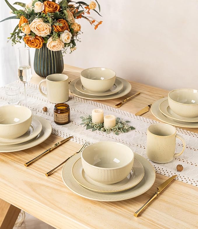TheTerra Stoneware Dinnerware Sets for 6, 18 Pieces Ceramic Plates and Bowls Sets, Scratch Resistant Embossed Dish Set, Oven, Microwave & Dishwasher Safe, Cappuccino