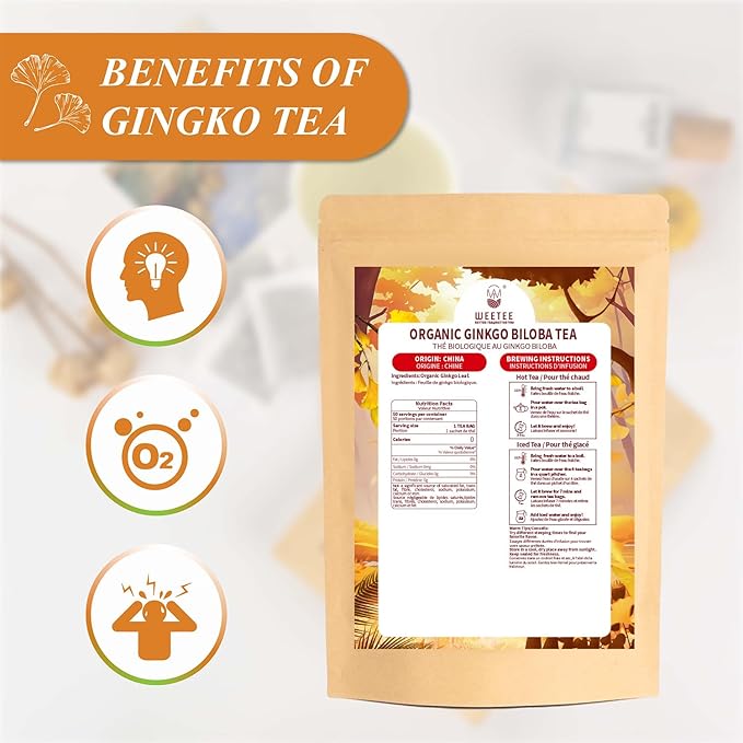 WT WEETEE Organic Ginkgo Biloba Tea Bags, Made with Pure Organic Ginkgo Leaf, 50 Naturally Caffeine-free Herbal Tea Bags, Rich in Antioxidants