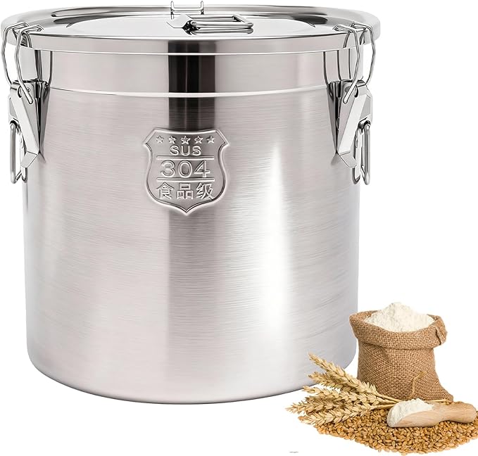 304 Stainless Steel Airtight Canister, 8.72Gal/33L Stainless Steel Airtight Food Storage Container with Lid and Lock Clips, Large Metal Storage Canister for Coffee Beans, Flour, Tea, Sugar, Cereals