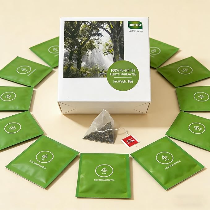 Pu-Erh Tea Bags, Organic and Aged Since 2018, Individually Wrapped 1.5g x 12 Count, Fermented Sheng (Raw) Pu-Erh Black Tea, Rich Flavor & Natural Energy, Convenient Brewing