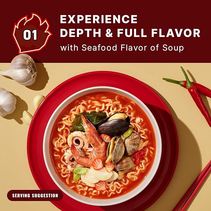 Samyang MEP Garlic Clam Ramen, Spicy Korean Instant Bag Noodle Soup, Refreshing Seafood Broth Ramyeon, Easy Cook Noodles, 3.88 oz (Pack of 4 Bags)