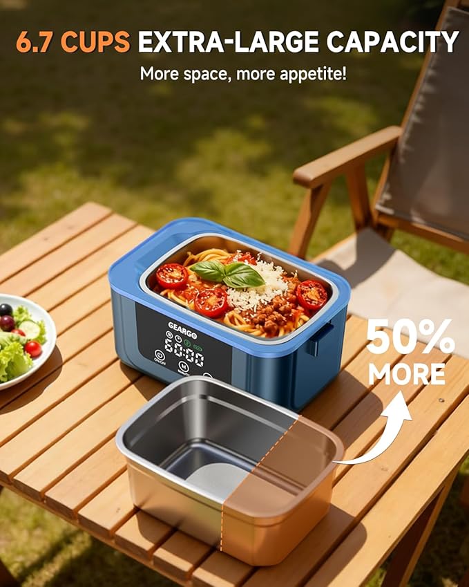 GEARGO 𝟐𝟎𝟐𝟔 𝐔𝐩𝐠𝐫𝐚𝐝𝐞𝐝 Cordless Electric Lunch Box, 6 Cups & 24000mAh Rechargeable Heated Lunch Box with Ice Crystal Box, 24 Hours Scheduled Self Heating Lunchbox For Men Women(Blue)