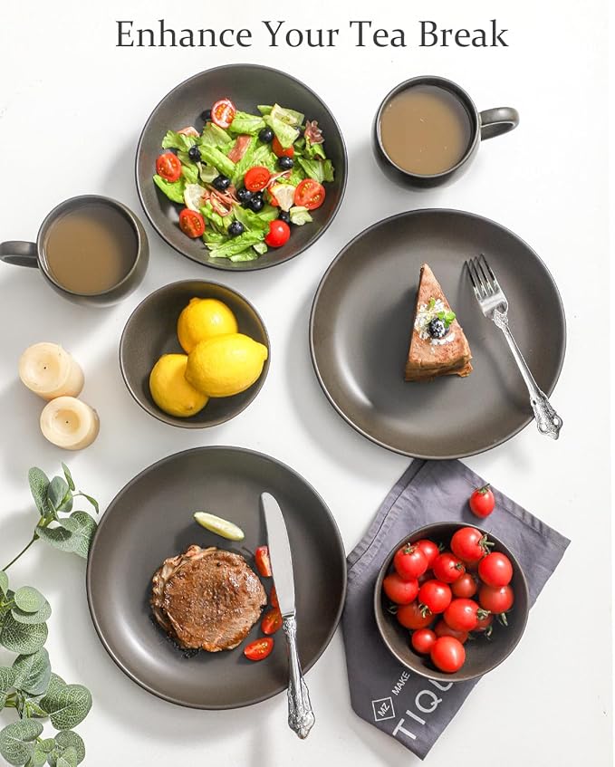 Ceramic Plate，10 Inch Dinner Plate, Black Plate Set of 6 for Steak, Noodle, Microwave Oven and Dishwasher Safe, Matte Black