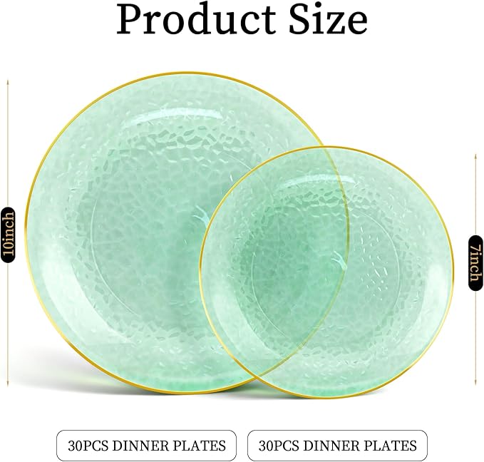 Lullaby 60pcs Green Plastic Plates with Gold Rim, Includes 30pcs Dinner Plate 10'' and 30pcs Clear Dessert Plate 7'', Green Disposable Plastic Plates for Parties, Birthdays and Wedding