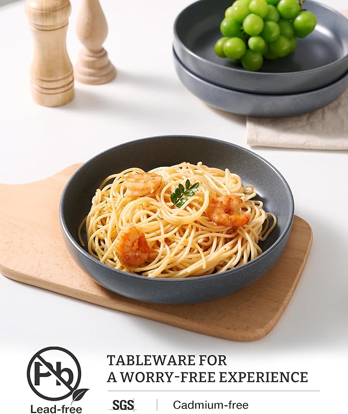 famiware Milkyway Pasta Bowls Set of 8, 33 oz Large Salad Bowls, Double Reactive Glaze, Sturdy & Stackable, Ideal for Housewarming, Festivals, Matte Dark Charcoal